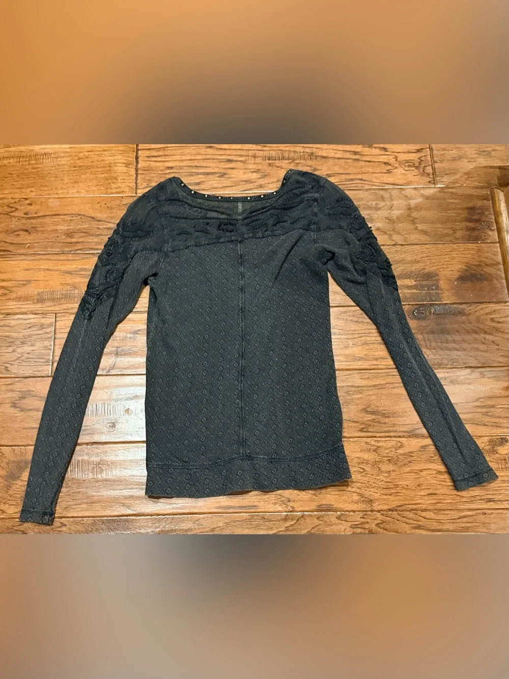 Free People Size Small Black Embellished Top Studded  Boho Lace Long Sleeve